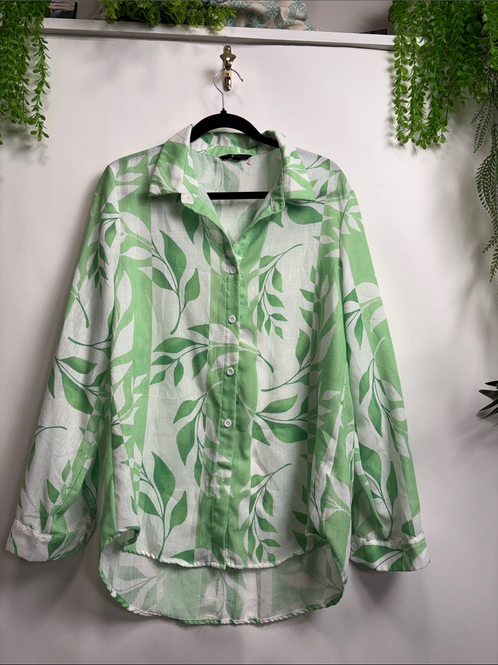 Light Green Leaf-Print Button-Down Shirt